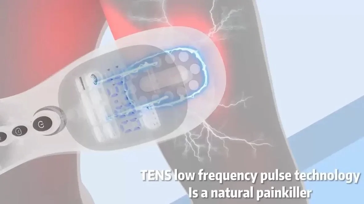 A medical device with digital display and buttons, emitting a blue glow and surrounded by lightning effects, with text that reads 'TENS low frequency pulse technology is a natural painkiller'.