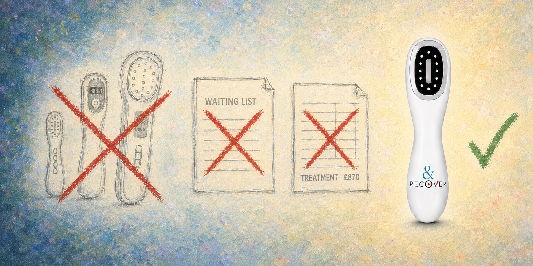 An artistic illustration showing traditional digital thermometers with red crosses over them, a waiting list and treatment note with red crosses, and a modern handheld device labeled '& RECOVER' with a green checkmark next to it, symbolizing moving from old methods to a new treatment approach.