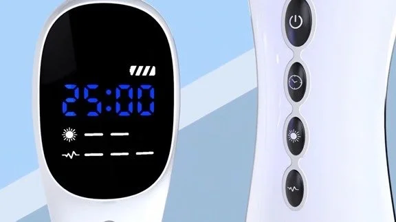 Digital device showing 25:00, with icons indicating sunlight, heartbeat, and other functions, and a row of controls with power, light, and other buttons.