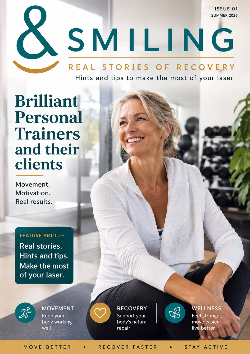 Magazine cover titled '& Smiling' with a smiling woman in a gym or wellness center, sitting on the floor, with dumbbells and plants in the background. Features articles on personal trainers, recovery, wellness, and tips for maximizing laser use.