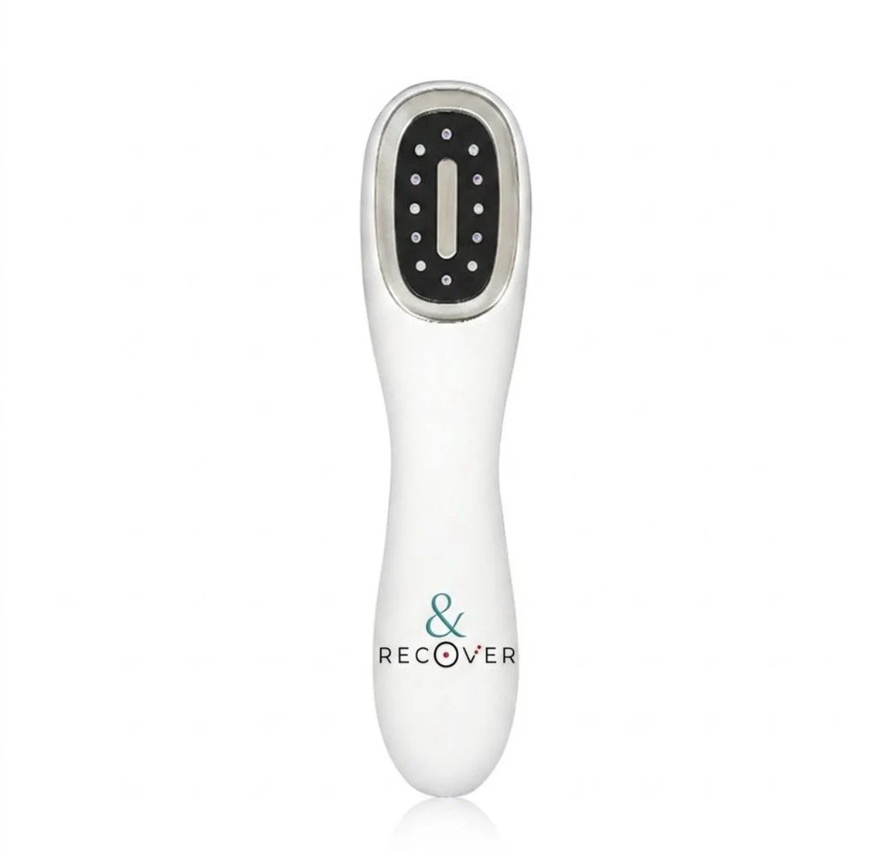 A white handheld electronic device with a black oval top featuring small white dots and a vertical line in the center, branding that reads "& RECOVER".