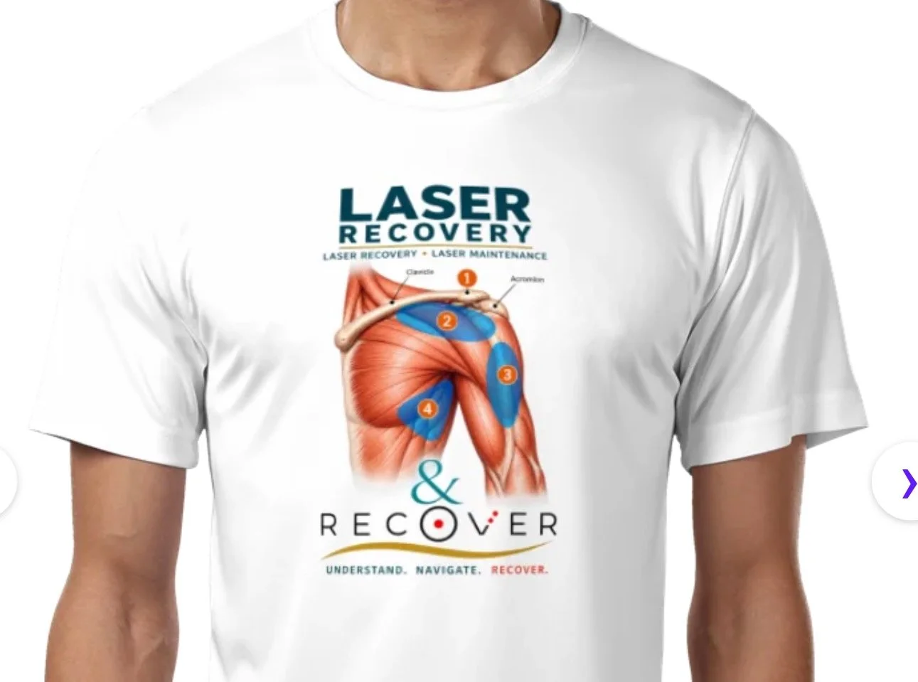 White T-shirt with a graphic of human shoulder muscles, labeled with numbers and terms related to laser recovery treatment, and the words 'LASER RECOVERY' and 'RECO|VER'.