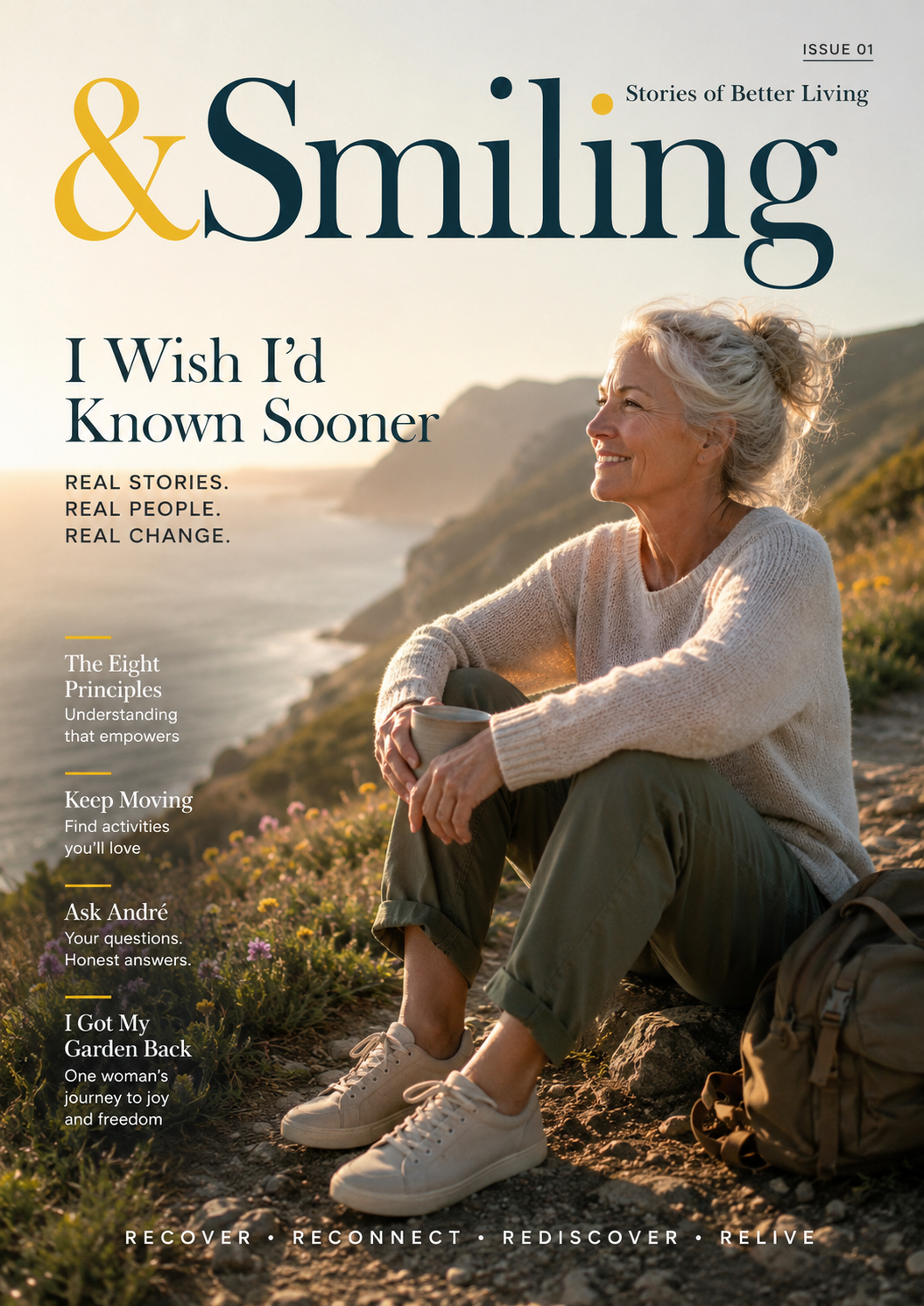 Cover of '&Smiling' magazine featuring an elderly woman sitting outdoors on a hillside near the ocean, smiling, with a backpack beside her, during sunset.