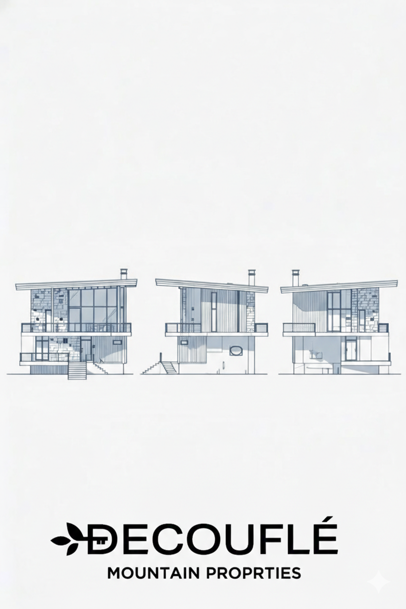 Line drawings of three modern mountain houses with flat roofs and large windows, labeled 'Decouflé Mountain Properties'.