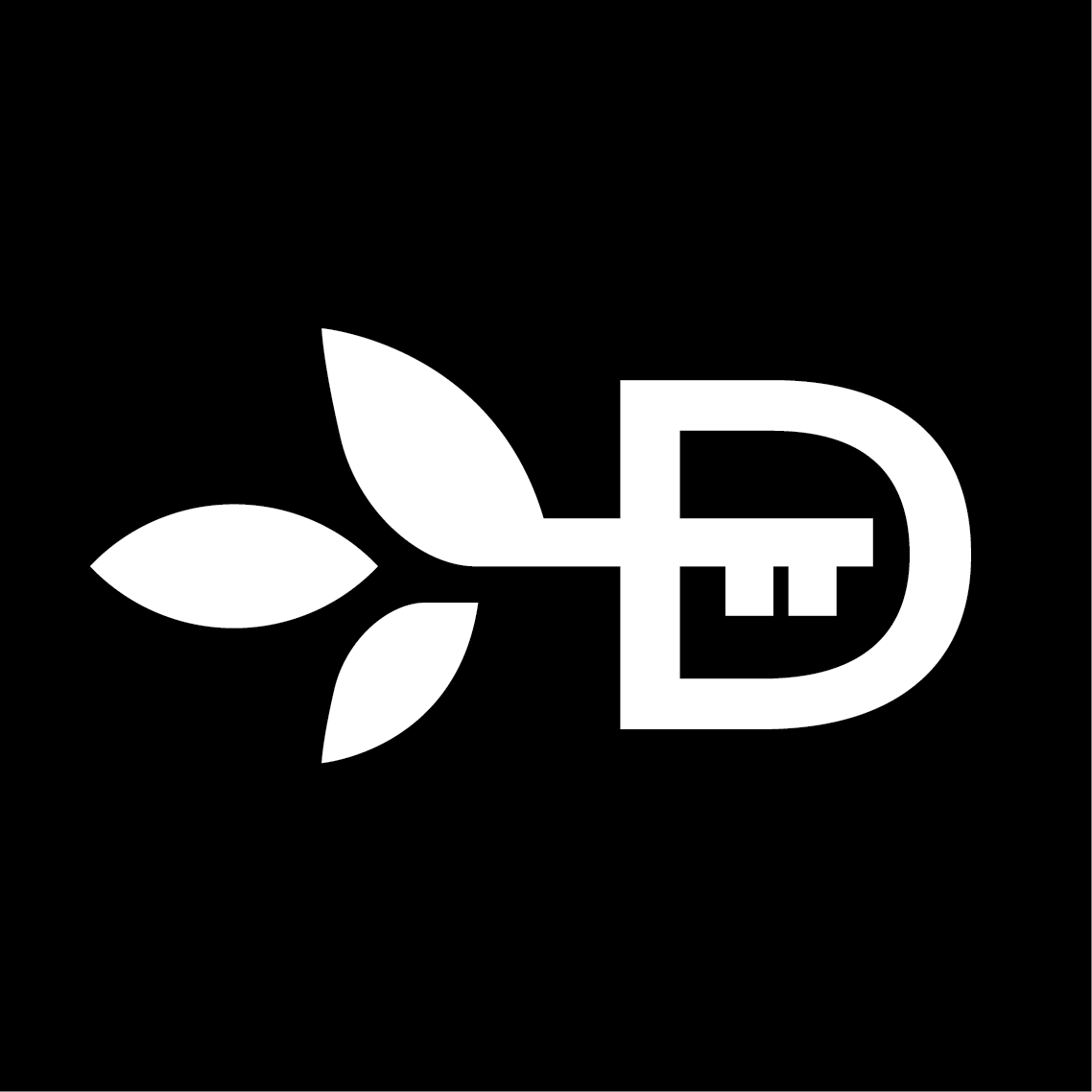 Black and white logo with a plant sprouting from a light bulb