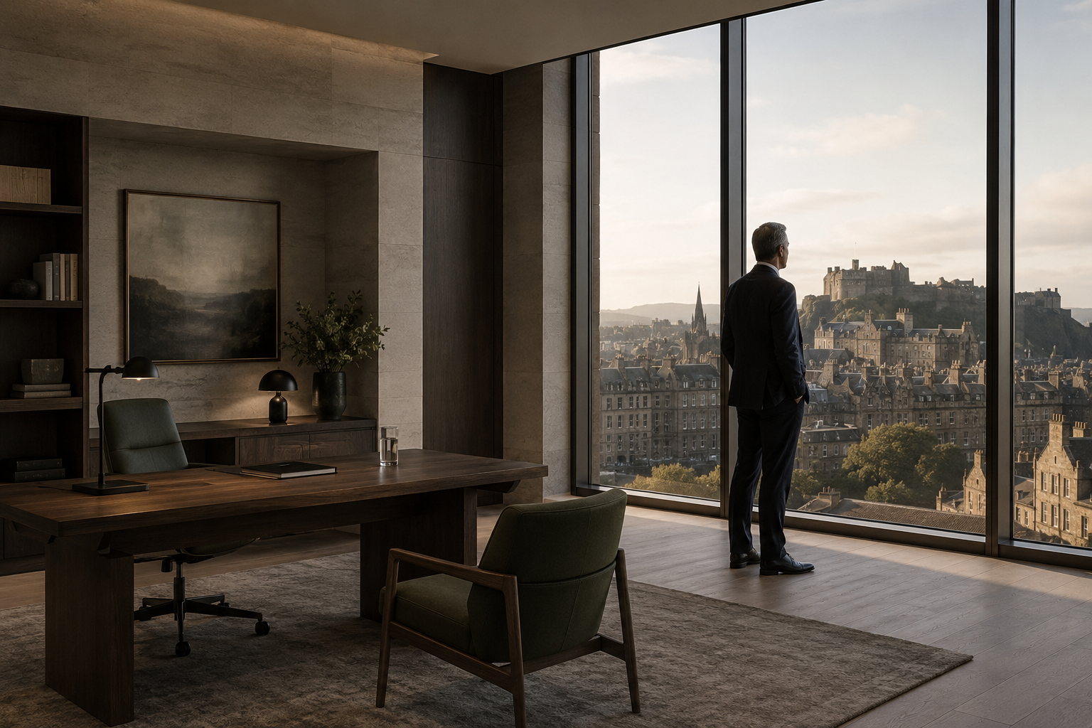 A man in a suit standing in an office with large floor-to-ceiling windows, overlooking a cityscape with a castle on a hill.