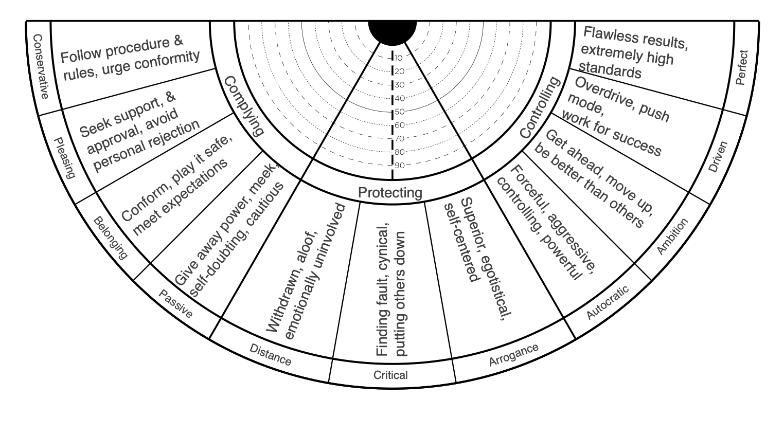 A semi circle, containing a number of dimensions measured as part of the leadership circle profile survey