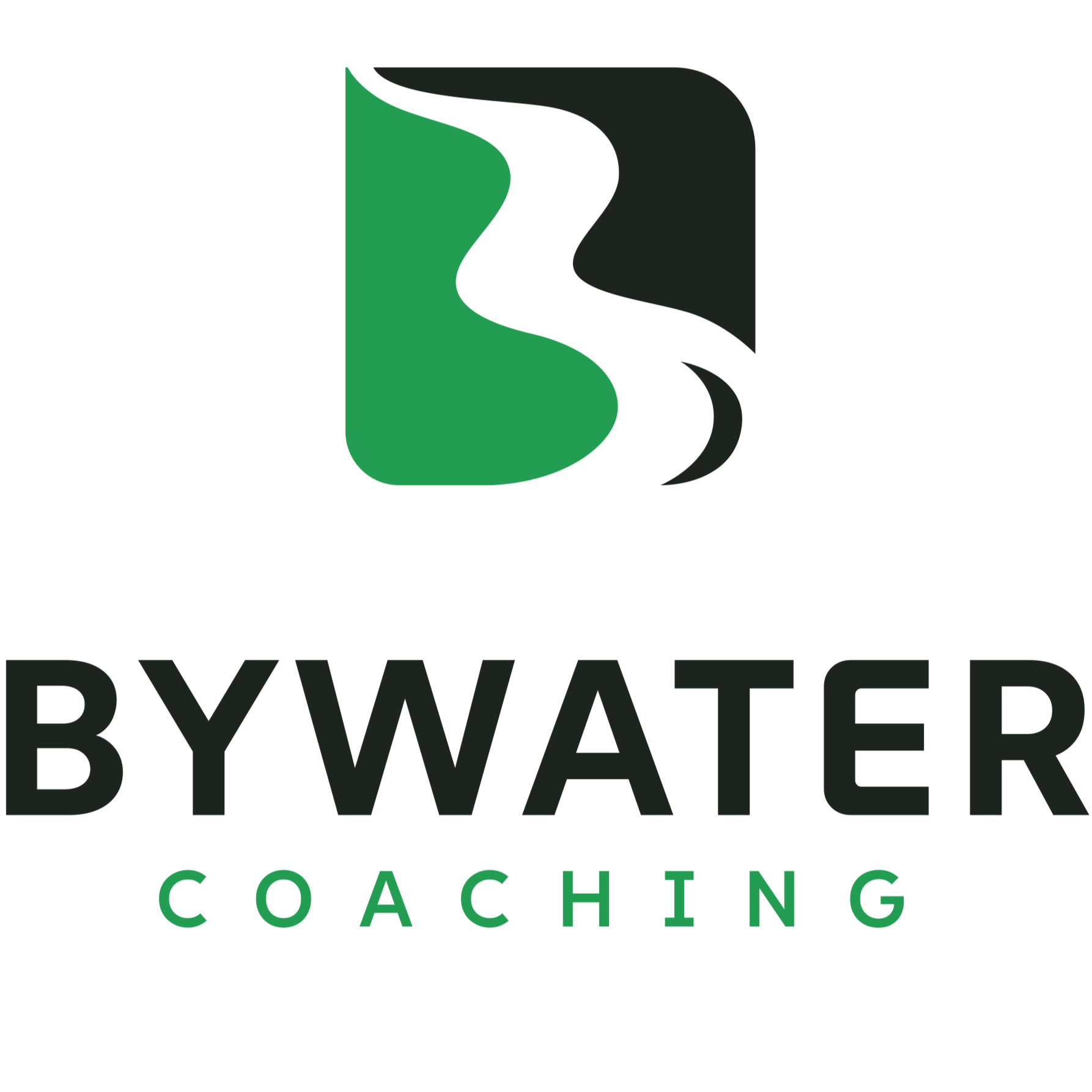 A logo with a black background featuring a stylized green and black icon resembling a wave and a leaf. Below the icon, the text reads 'BY WATER' in large, black capital letters, and underneath it, the word 'COACHING' in smaller green capital letters.