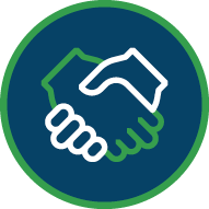 Icon of two hands shaking inside a circle, symbolizing partnership or agreement.