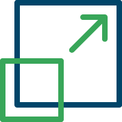 Two overlapping squares, one with an upward arrow emerging from it.