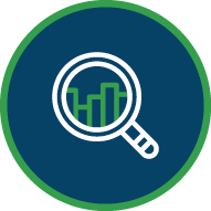 Magnifying glass over a bar chart with upward trends, representing data analysis or growth.