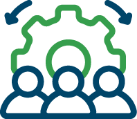 Icon of three people in front of a gear, symbolizing teamwork or collaboration in a technical or engineering context.