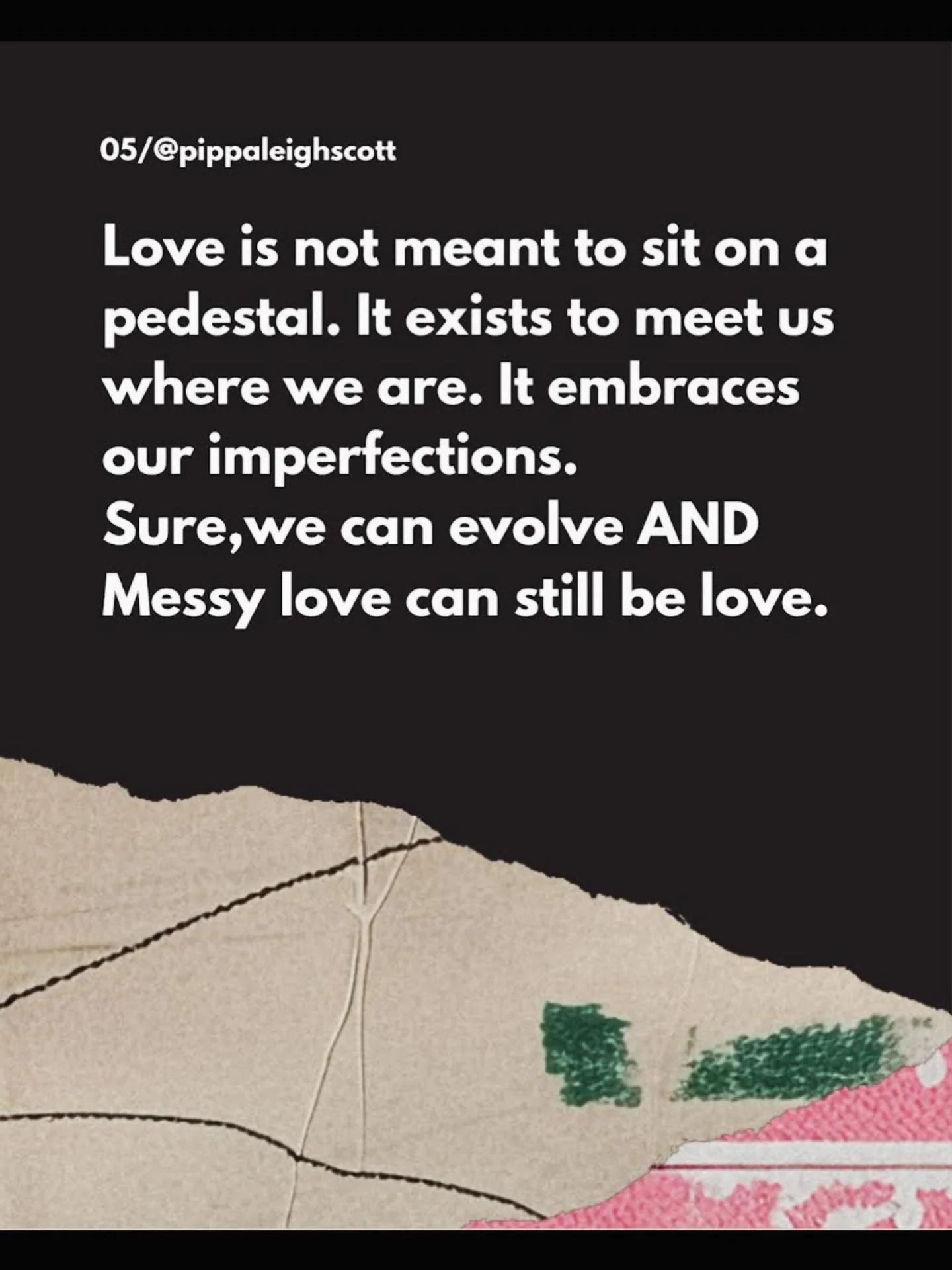 We need not chase some idolized version of perfect love. Messy love can still be love. You need not love perfectly or be loved perfectly for it to count. ❤️ 

#imperfectlove #imperfectlyhuman #messylove #insecureattachment #attachmentstyles