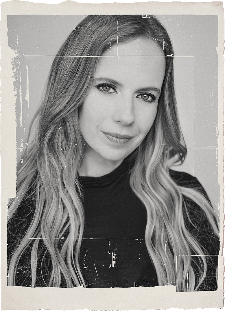 Portrait of author Pippa Scott with long wavy hair, featured in a black-and-white styled photograph with textured overlay.