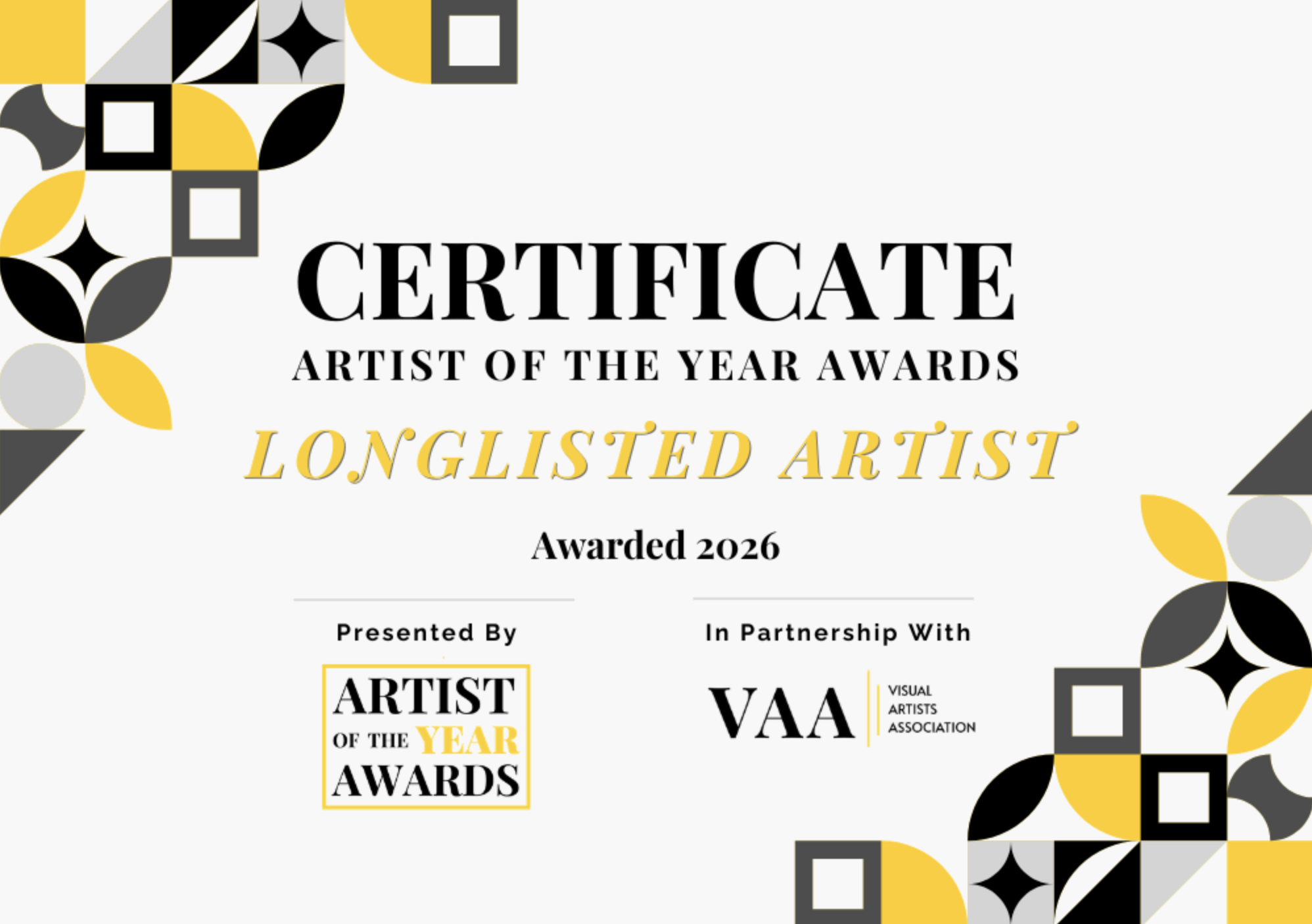 Longlisted for Artist of the Year Awards 2026 Visual Artists Association