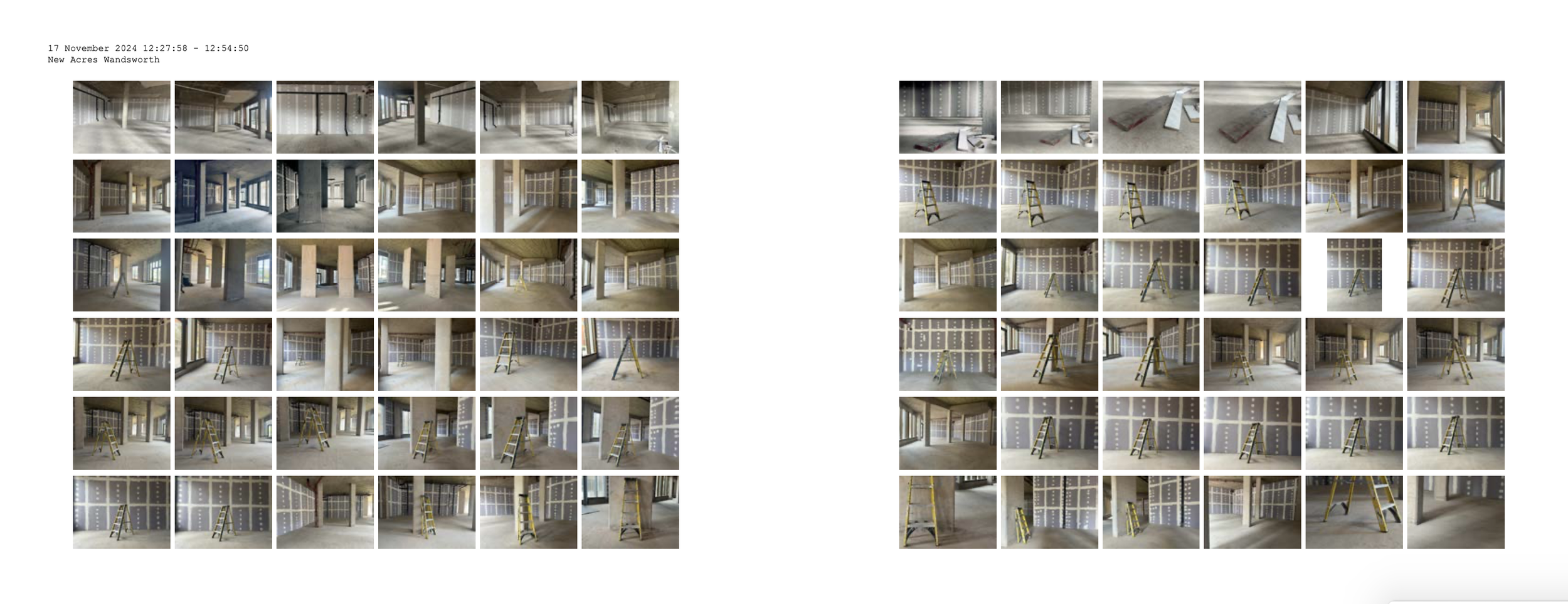 Series of construction inside a building with drywall, support beams, and a ladder, showing stages of framing and drywall installation.