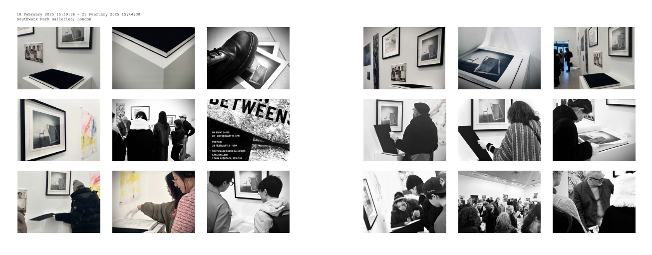 Gallery exhibition with framed artwork, visitors viewing art, and a poster announcing the exhibit at Southwark Park Galleries in London.