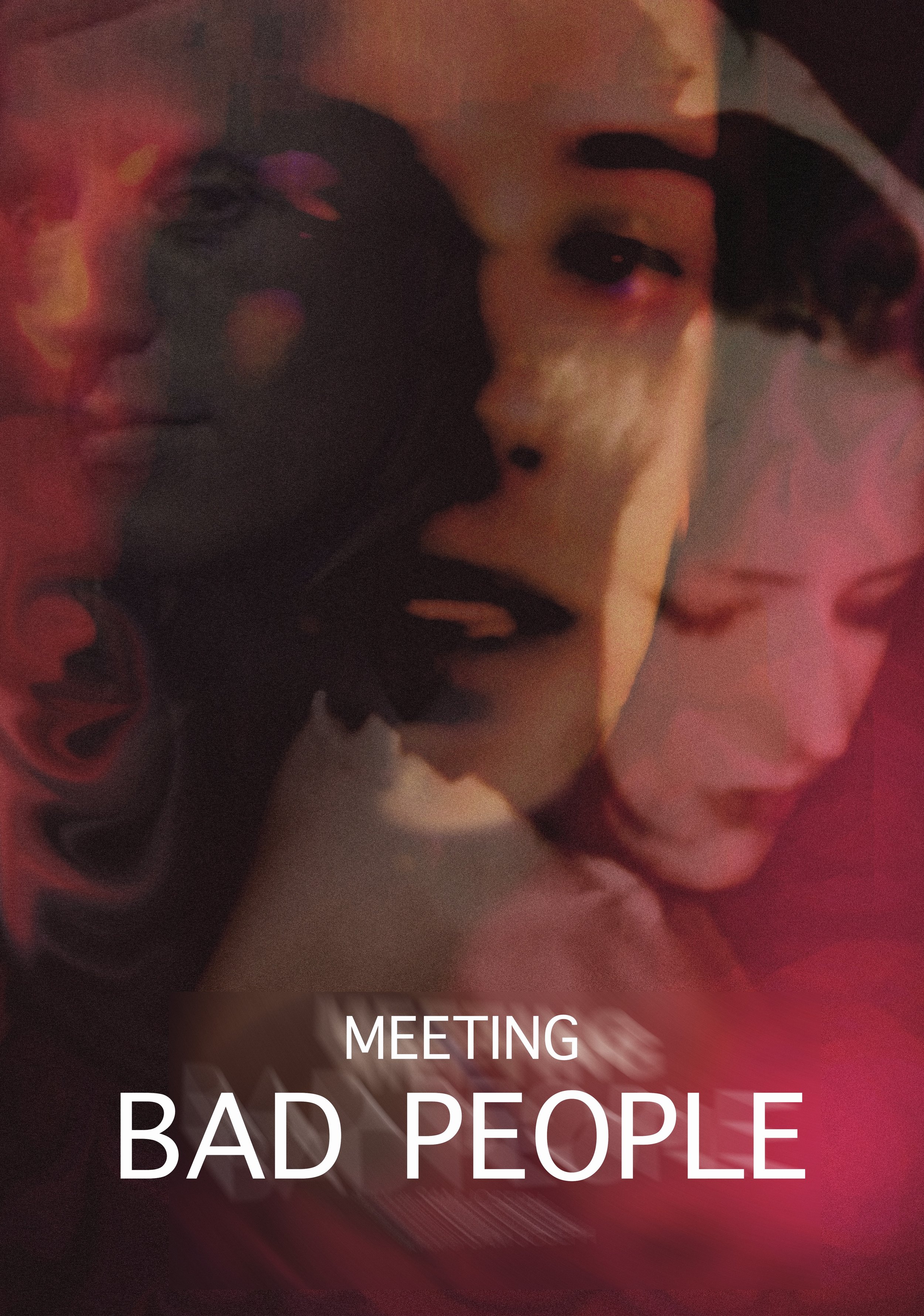 Cover of a magazine or booklet featuring a woman's face with dark hair, surrounded by pink and black abstract or floral patterns, with white text that reads 'Meeting Bad People'.
