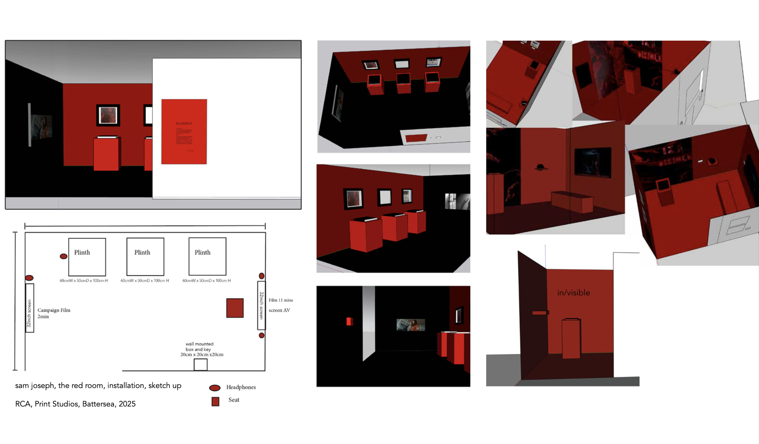A design plan for an art installation called 'sam joseph, the red room' showing layout details, seating arrangements, and visual elements in red, black, and white colors.