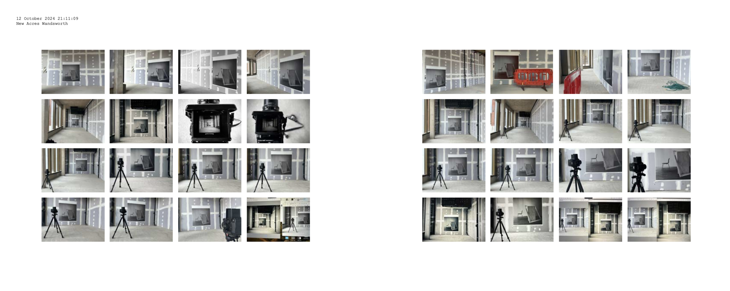 Construction site interior with drywall panels, cameras, and construction equipment in an unfinished room.