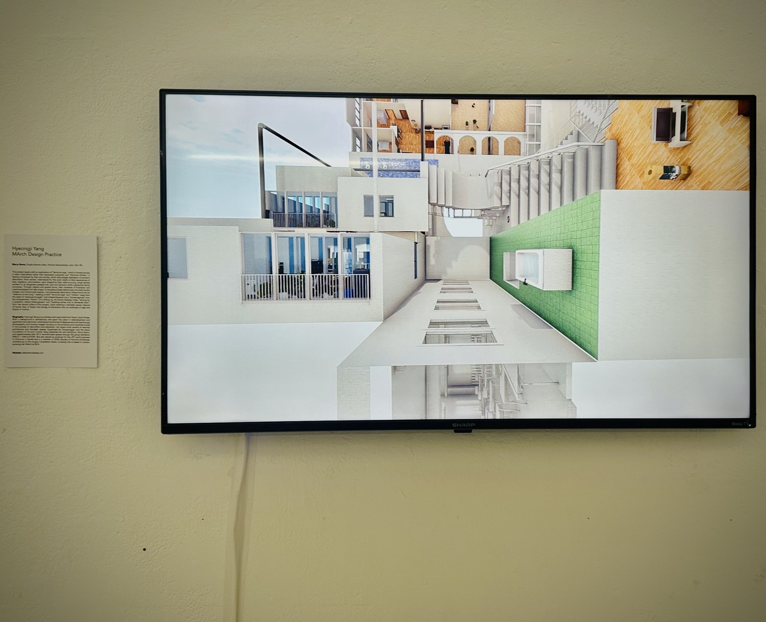 Digital rendering of a modern staircase and living space in a contemporary apartment with a green outdoor area.