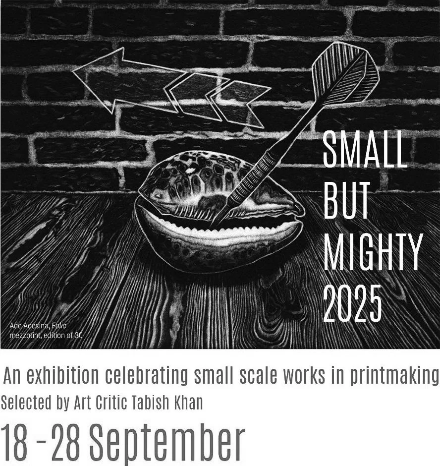 A chalk drawing of a seashell with an arrow struck by an arrow, all on a wooden surface with a brick wall background, and the words "Small but Mighty 2025."