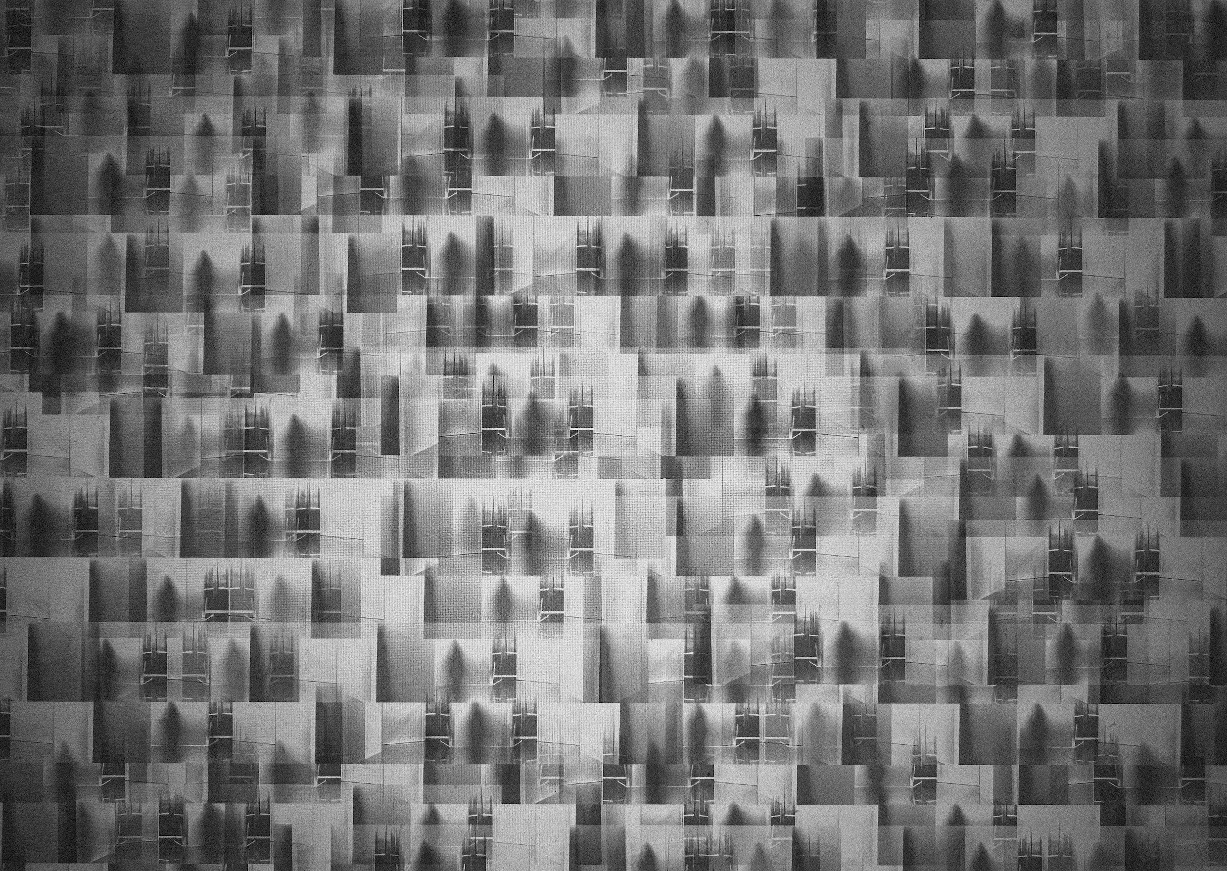 A collage of black-and-white images of a building with balconies and glass railings, repeated in a patterned layout.