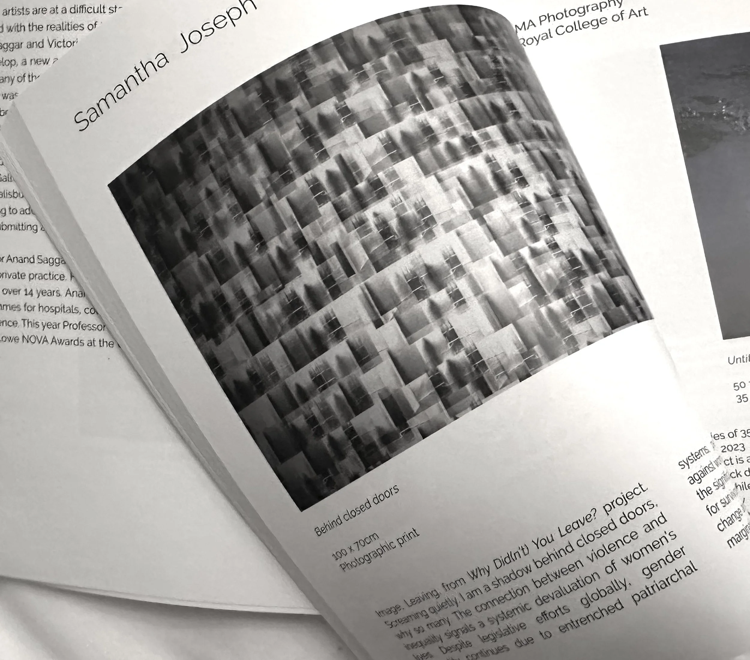 Close-up of a printed document showing a black-and-white photograph of a cylindrical pattern and some text with a heading that reads "Samantha Joseph".