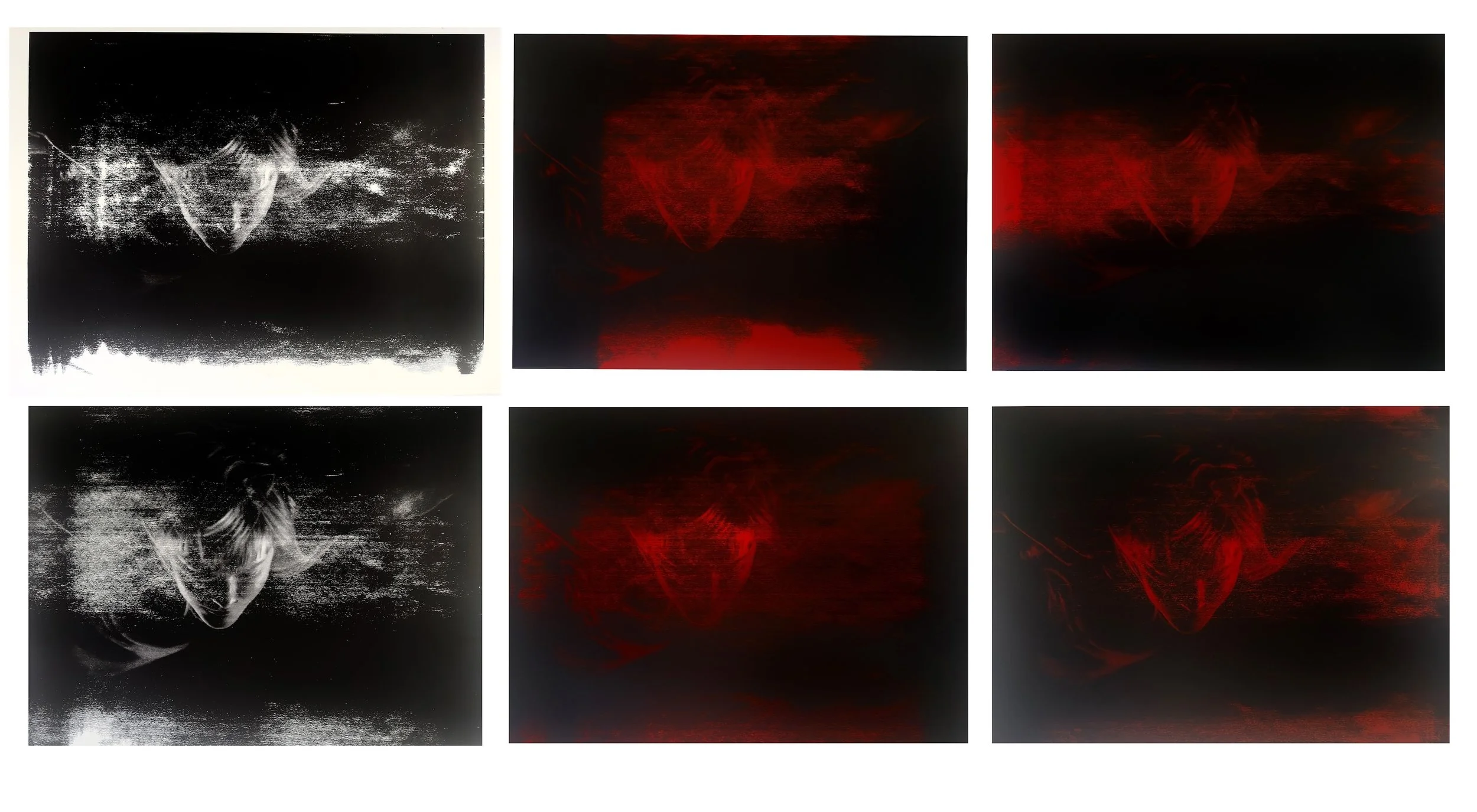 A collage of six digital art images with mostly black backgrounds and abstract red and white patterns, some featuring a human face with closed eyes submerged in water or clouds.