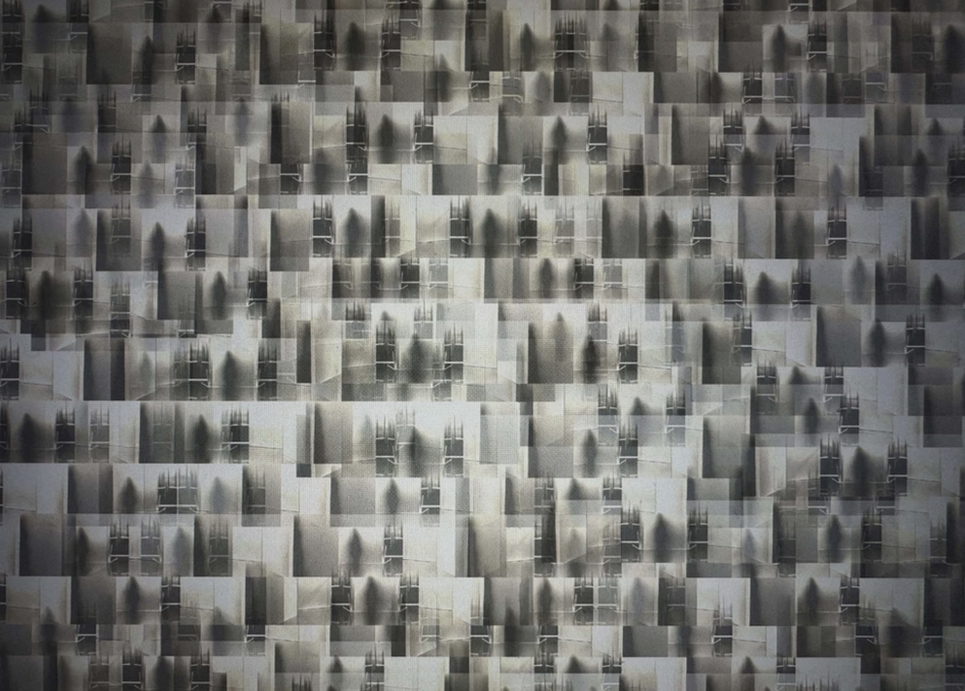 A complex digital pattern composed of numerous small, abstract, monochromatic cube-like shapes arranged in layers, creating a geometric mosaic with a sense of depth and three-dimensionality.