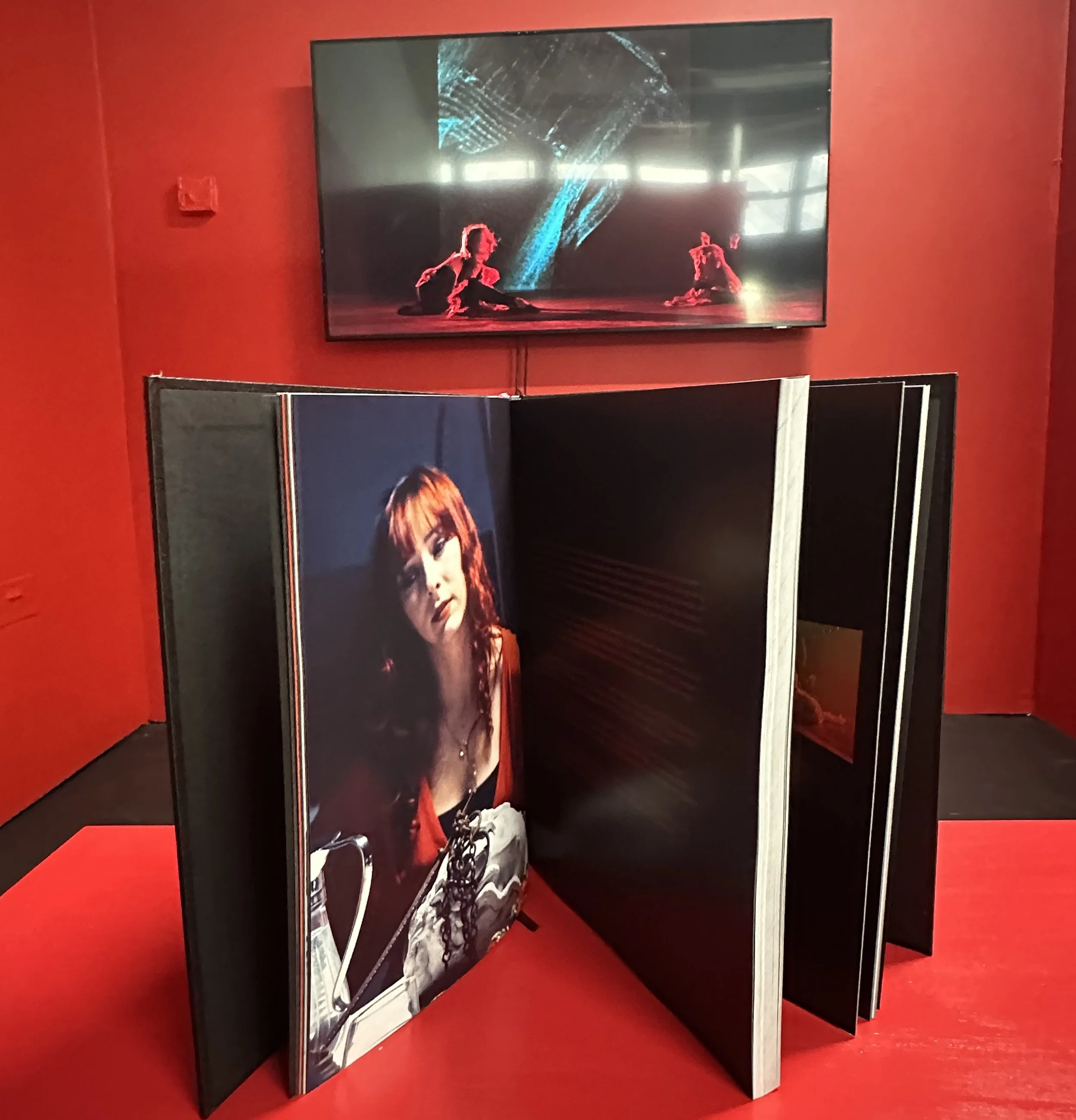 A large flat-screen TV mounted on a red wall, displaying a performance with two dancers in dark costumes and neon lighting effects.