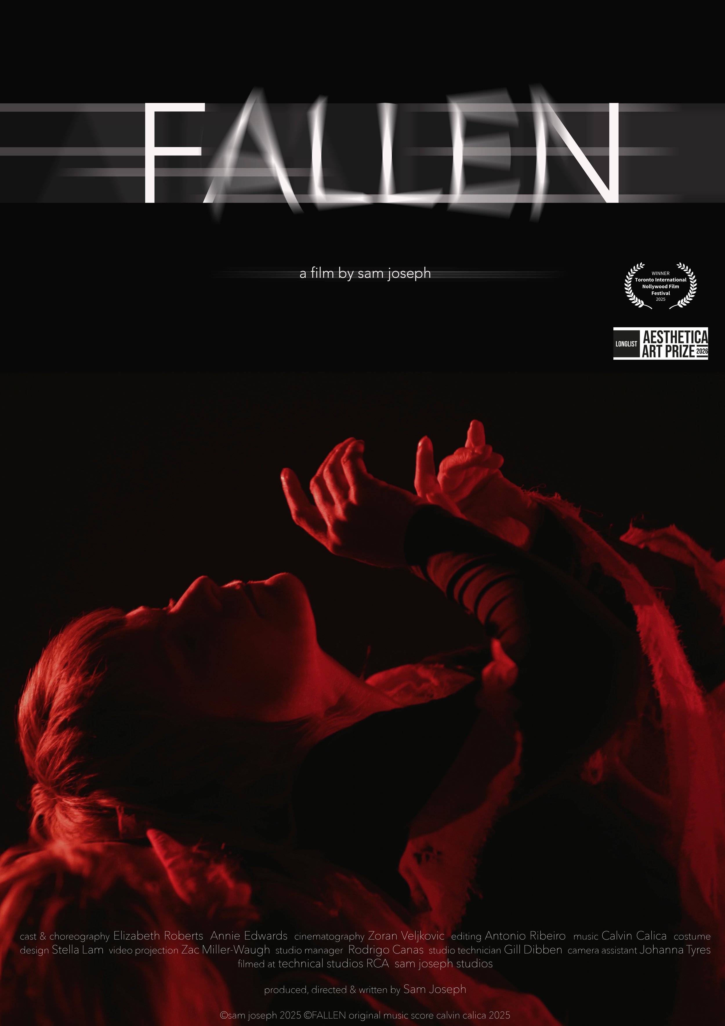 A person with blonde hair and light skin lying down with their eyes closed, illuminated by red lighting, with their hands near their face. The image appears to be a promotional poster for a film titled 'FALLEN' by Sam Joseph, featuring awards and credits at the bottom.