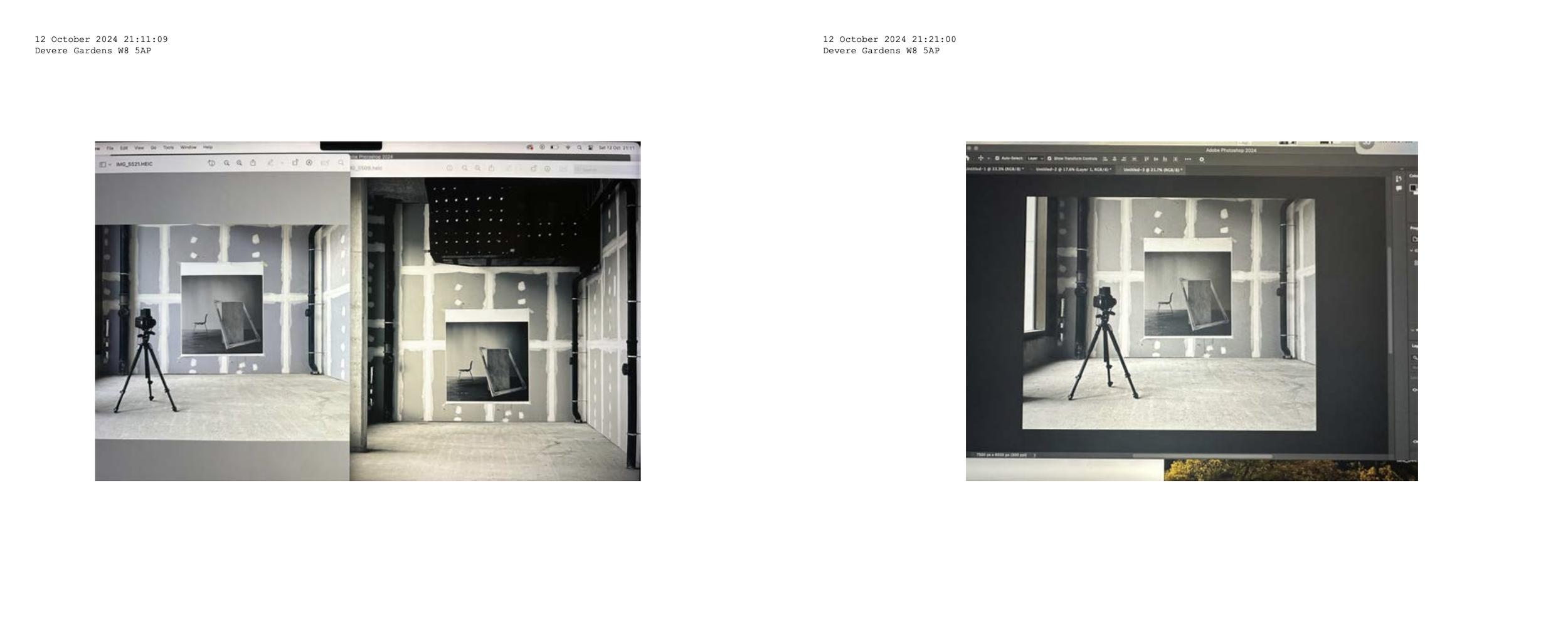 Two side-by-side photos of an unfinished room with drywall, a camera on a tripod, and a framed photograph of a chair and table on the wall, taken from a computer screen.