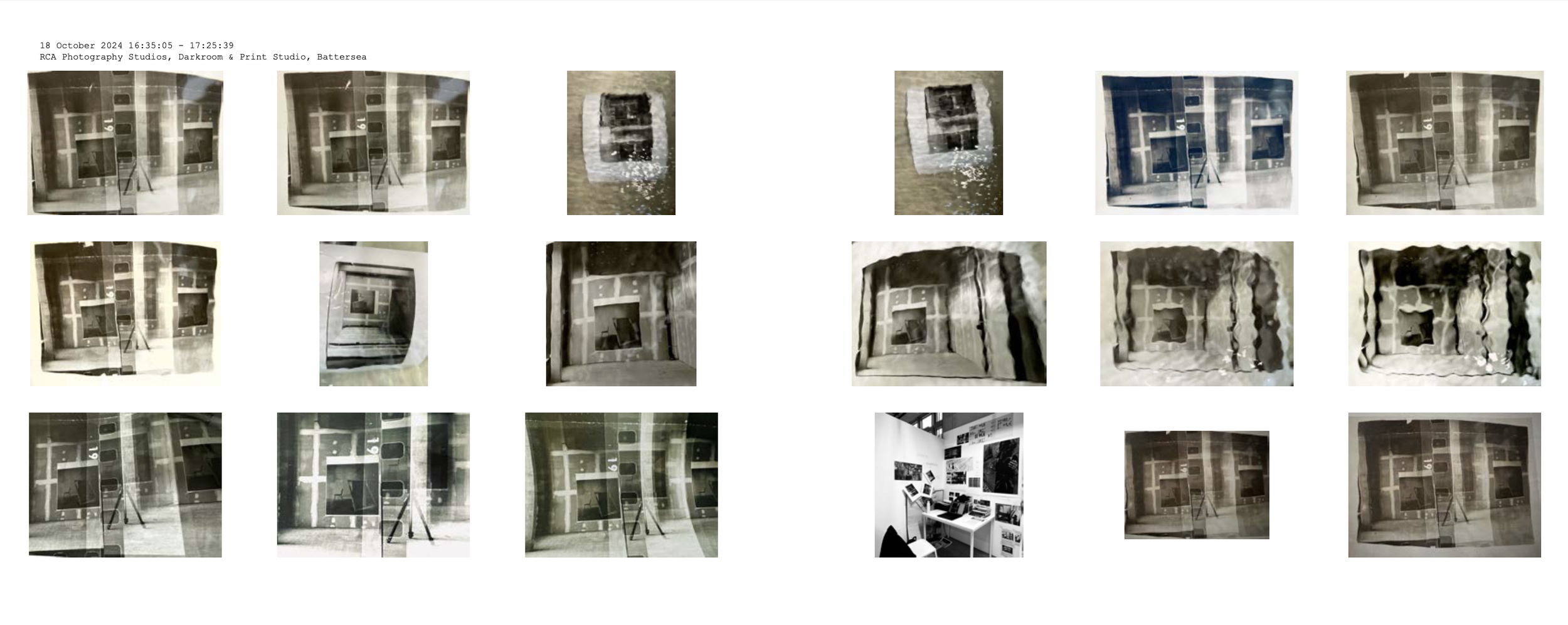 Collection of black-and-white photographs depicting artwork and gallery scenes. The images include framed art on walls, a desk with computer and artwork, and various artwork displays.