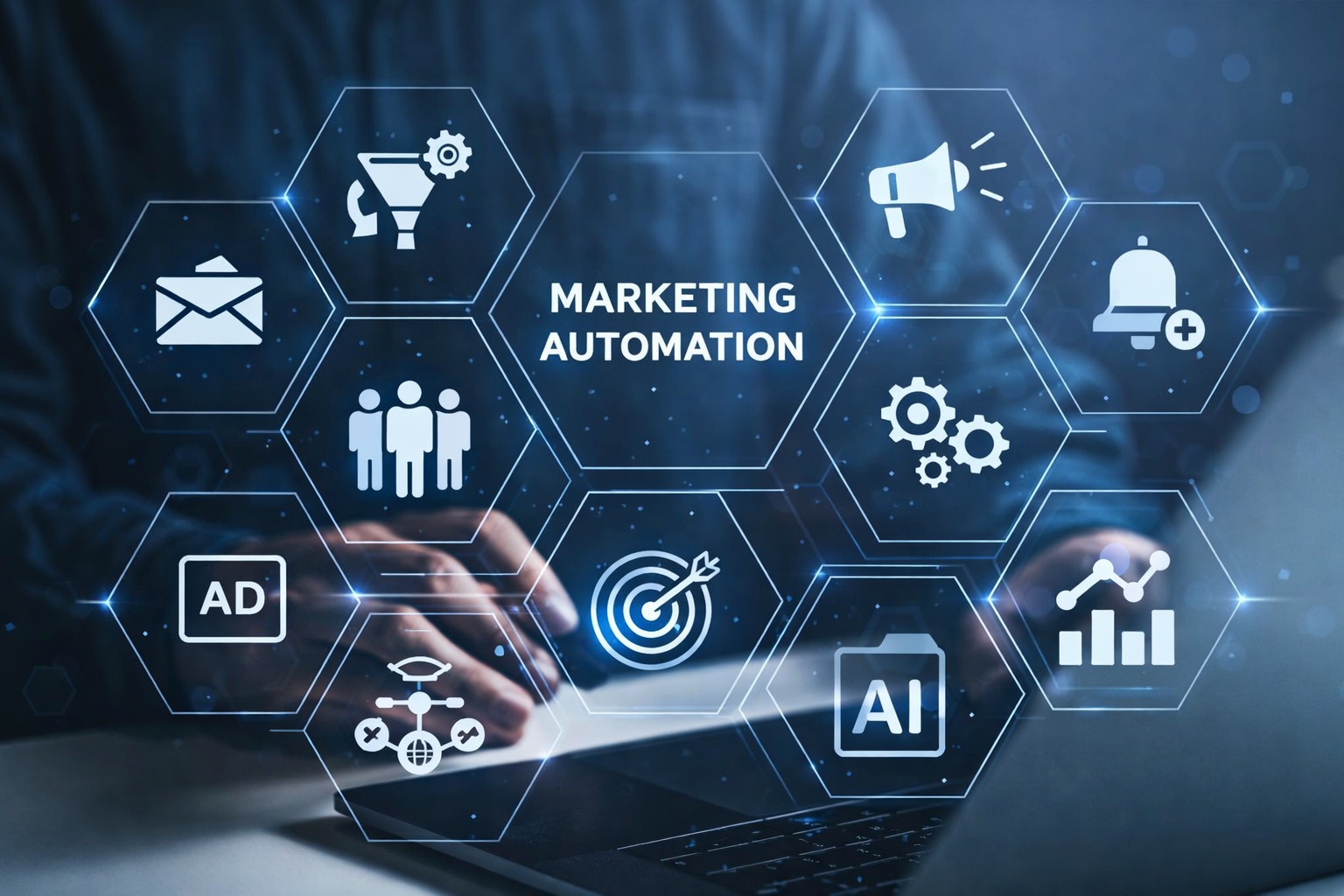 Digital illustration of marketing automation concept with icons for email, advertising, target, gears, AI, social media, megaphone, and people, surrounding a central hexagon labeled 'Marketing Automation'.