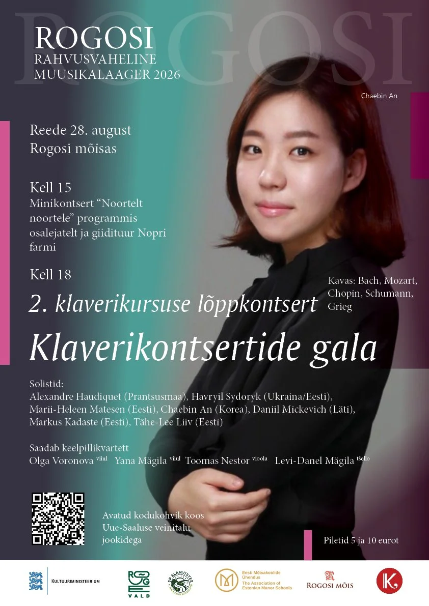 Rogosi rahvusvahelise muusikalaagri II Klaverikursuse lõppkontsert “Klaverikontsertide gala” keelpillikvarteti saatel
