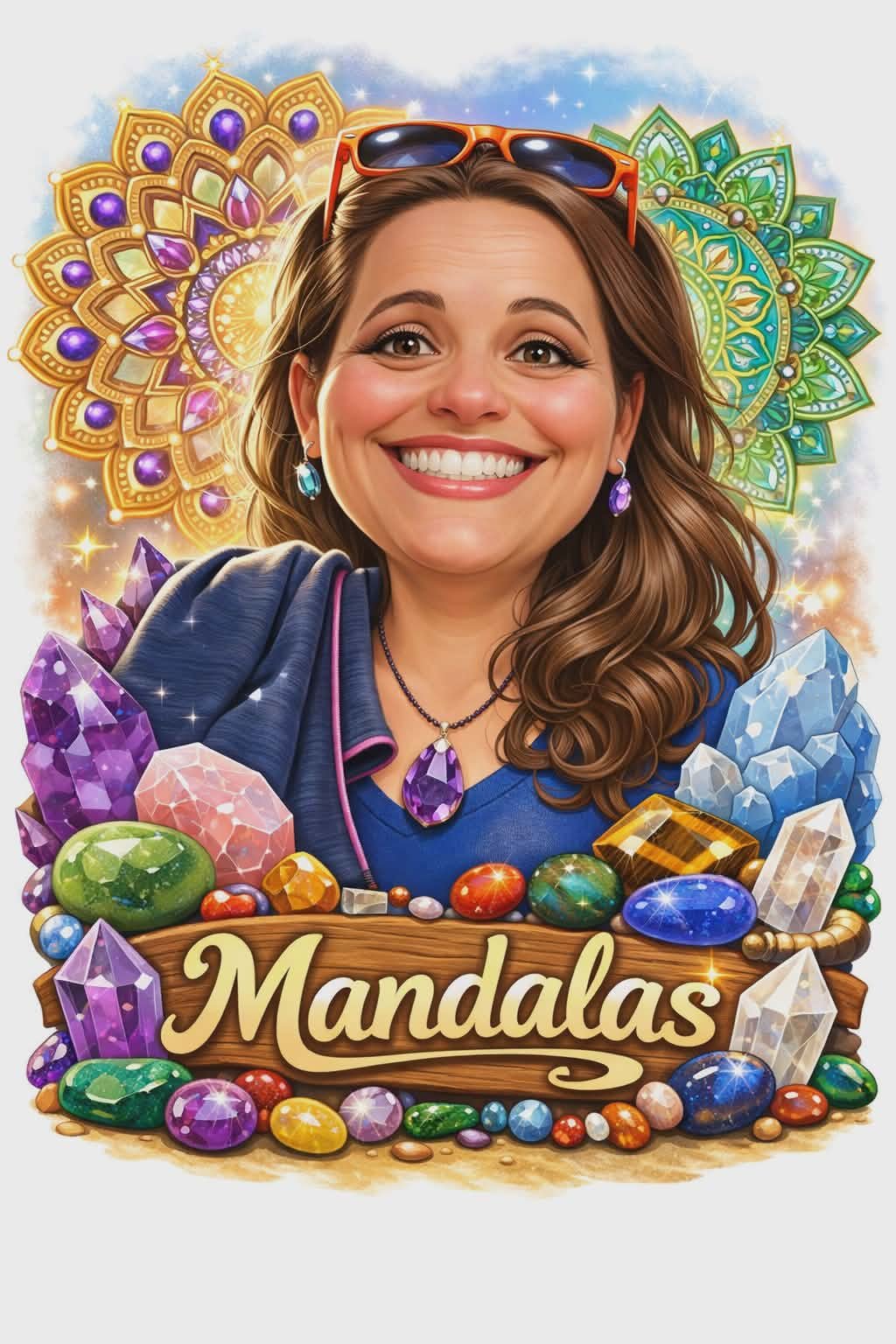 Une femme souriante avec des lunettes de soleil oranges sur la tête, entourée de cristaux colorés et de motifs Mandala en arrière-plan, avec un panneau en bois portant le mot 'Mandalas'.