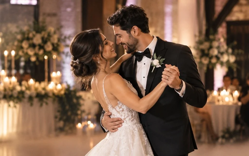 Sposi sorridenti durante il primo ballo al ricevimento, tra candele e fiori, esempio dei risultati di un corso di ballo per il matrimonio