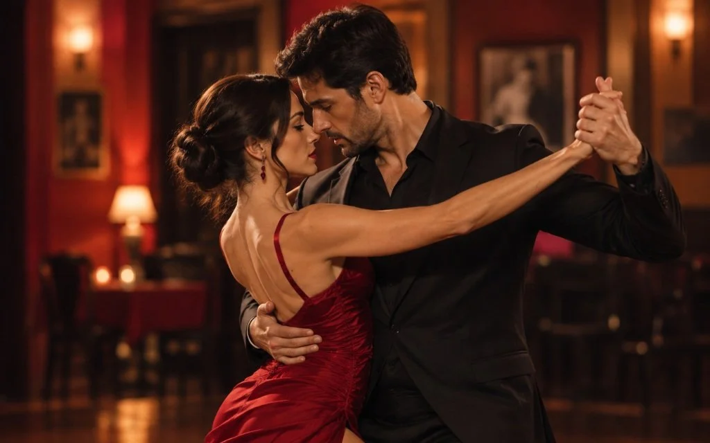 Coppia balla il tango in un locale dall'atmosfera intima, lei con un abito rosso, lui in giacca scura