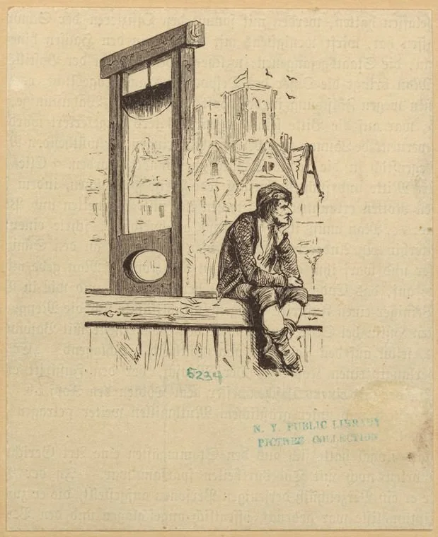 A historical black-and-white sketch of a man sitting on a wooden platform, looking pensively into the distance with a cityscape in the background, including buildings and a large structure resembling a gallows or frame.