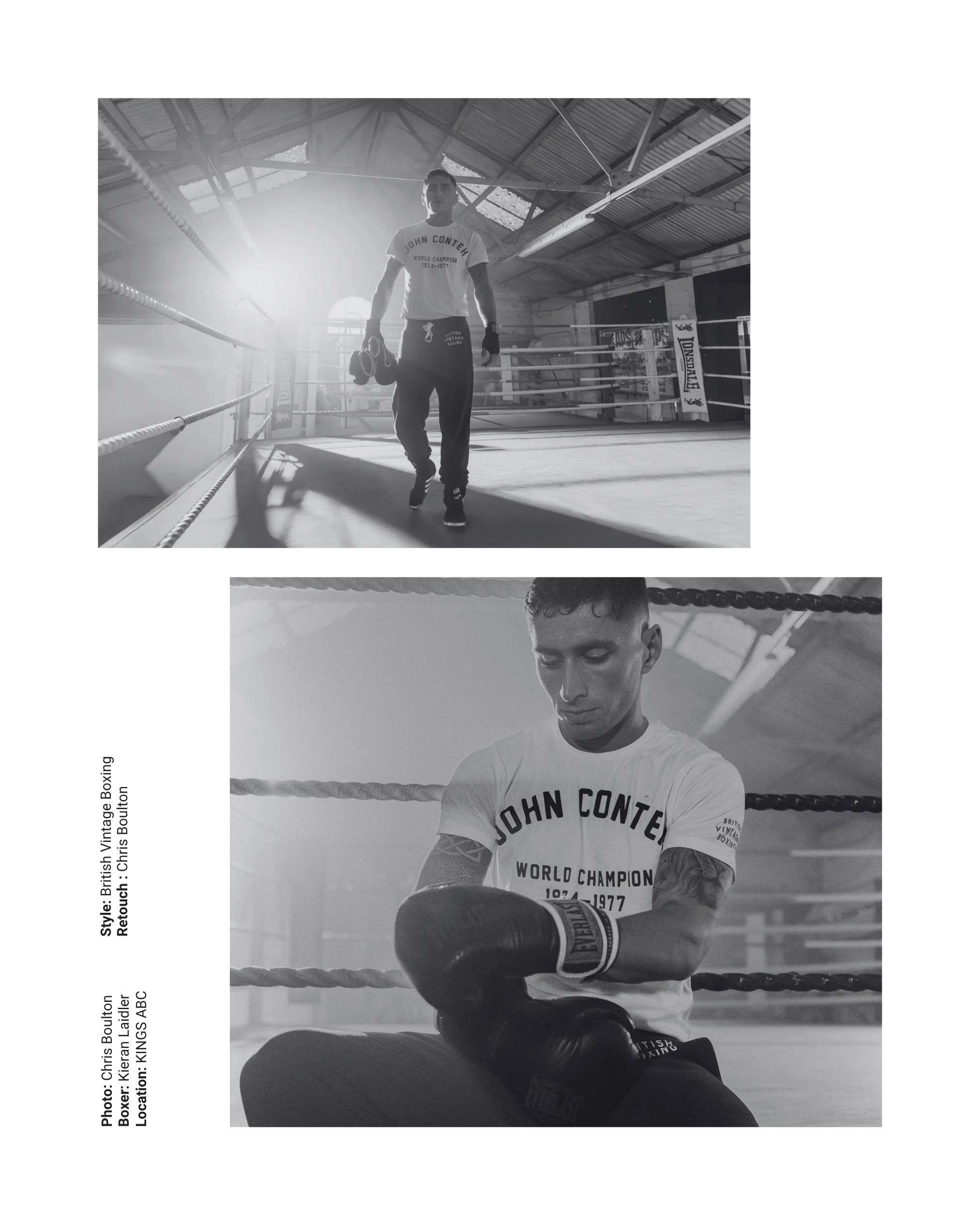 A boxer training in a boxing gym, wearing boxing gloves and a t-shirt reading 'John Contey World Champion 1974-1977,' with boxing ring ropes and gym equipment visible in the background.