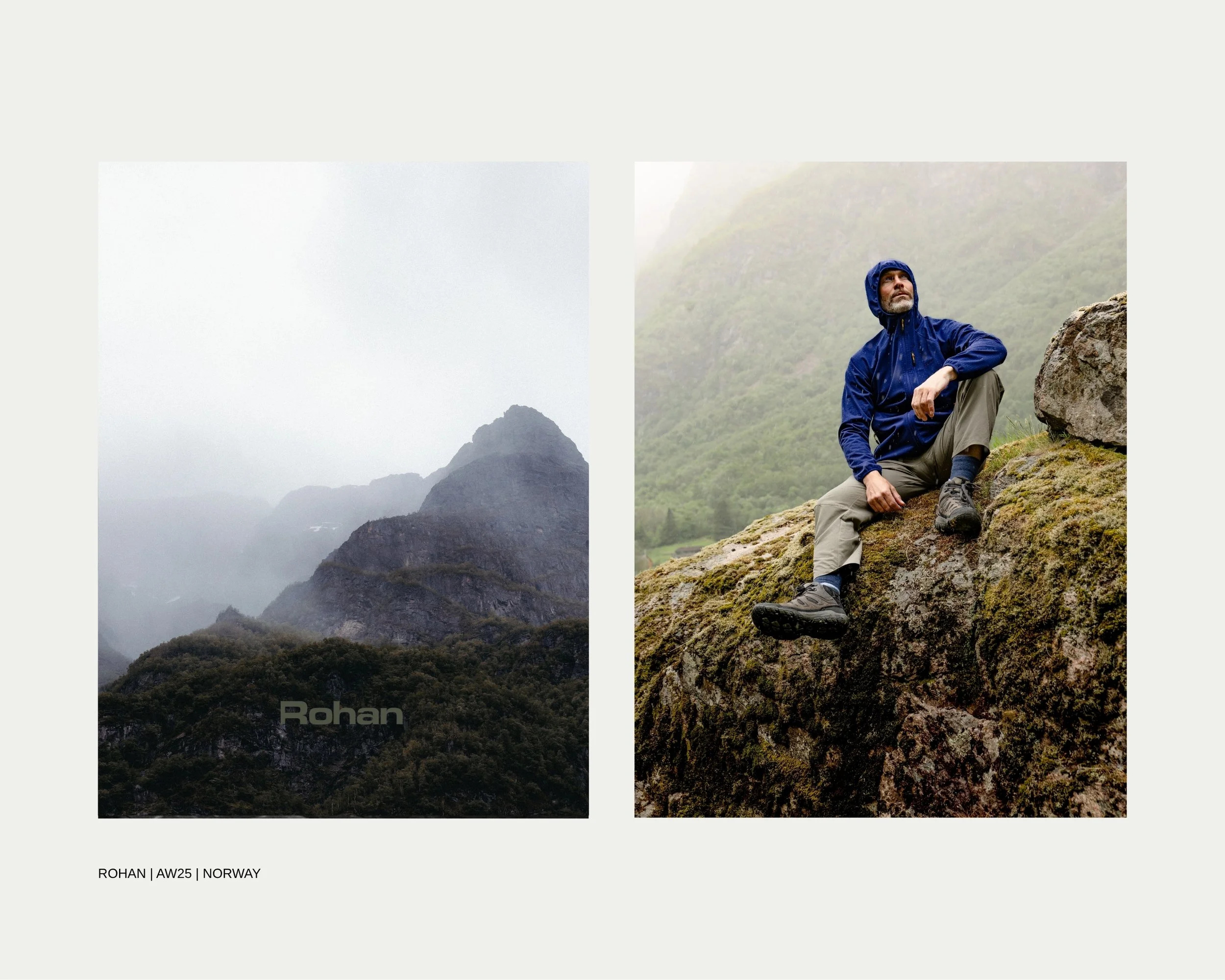 Two landscape photographs of mountains in Norway, one in foggy conditions and the other with a person sitting on rocks in a blue jacket.
