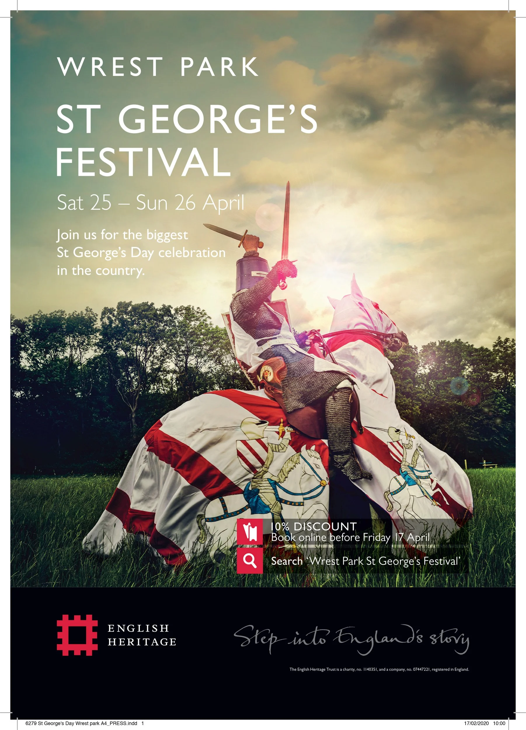 Poster for Wrest Park St George's Festival, April 25-26, featuring a person in medieval knight costume riding a horse draped in a flag with a horse and knight emblem. Background shows a cloudy sky and trees, with promotional text about discounts and booking information.