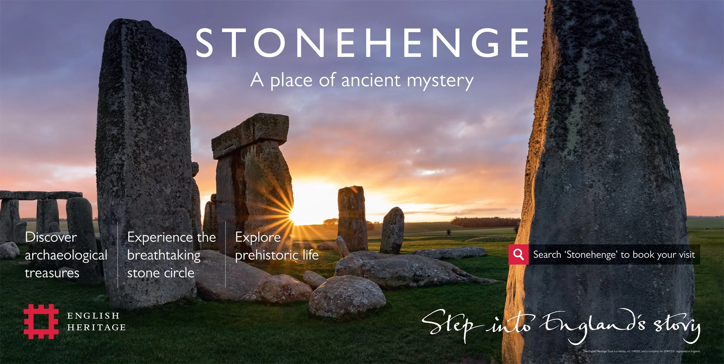 Sunset behind ancient stone circle at Stonehenge with text promoting tourism and exploration of archaeology, with options to discover treasures, experience the stone circle, and explore prehistoric life.