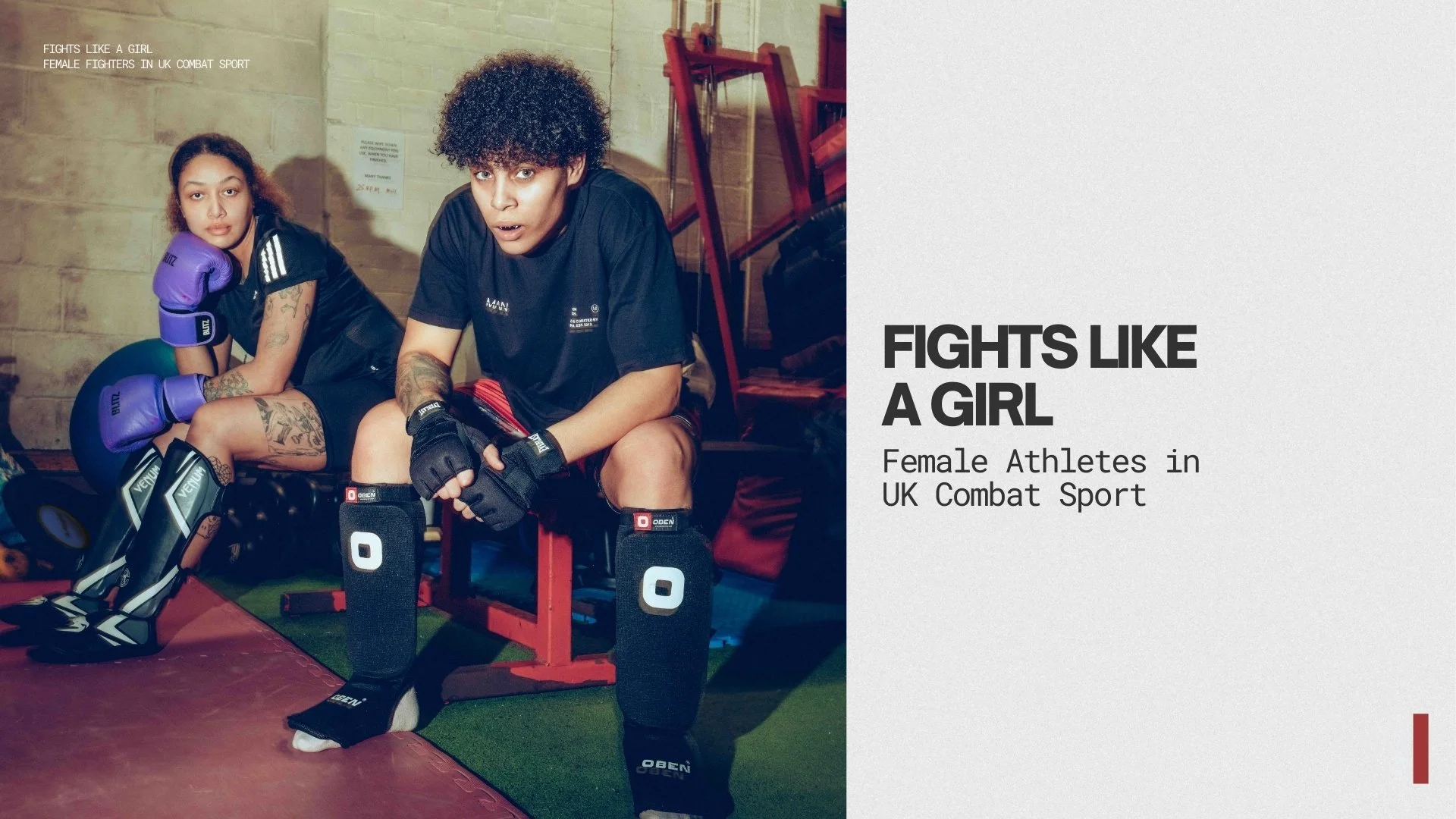 Two female athletes in a gym, sitting on a bench with boxing equipment around them. The woman on the left has purple gloves, and the woman on the right has black gloves, both dressed in athletic gear. The image promotes female fighters in UK combat sports.