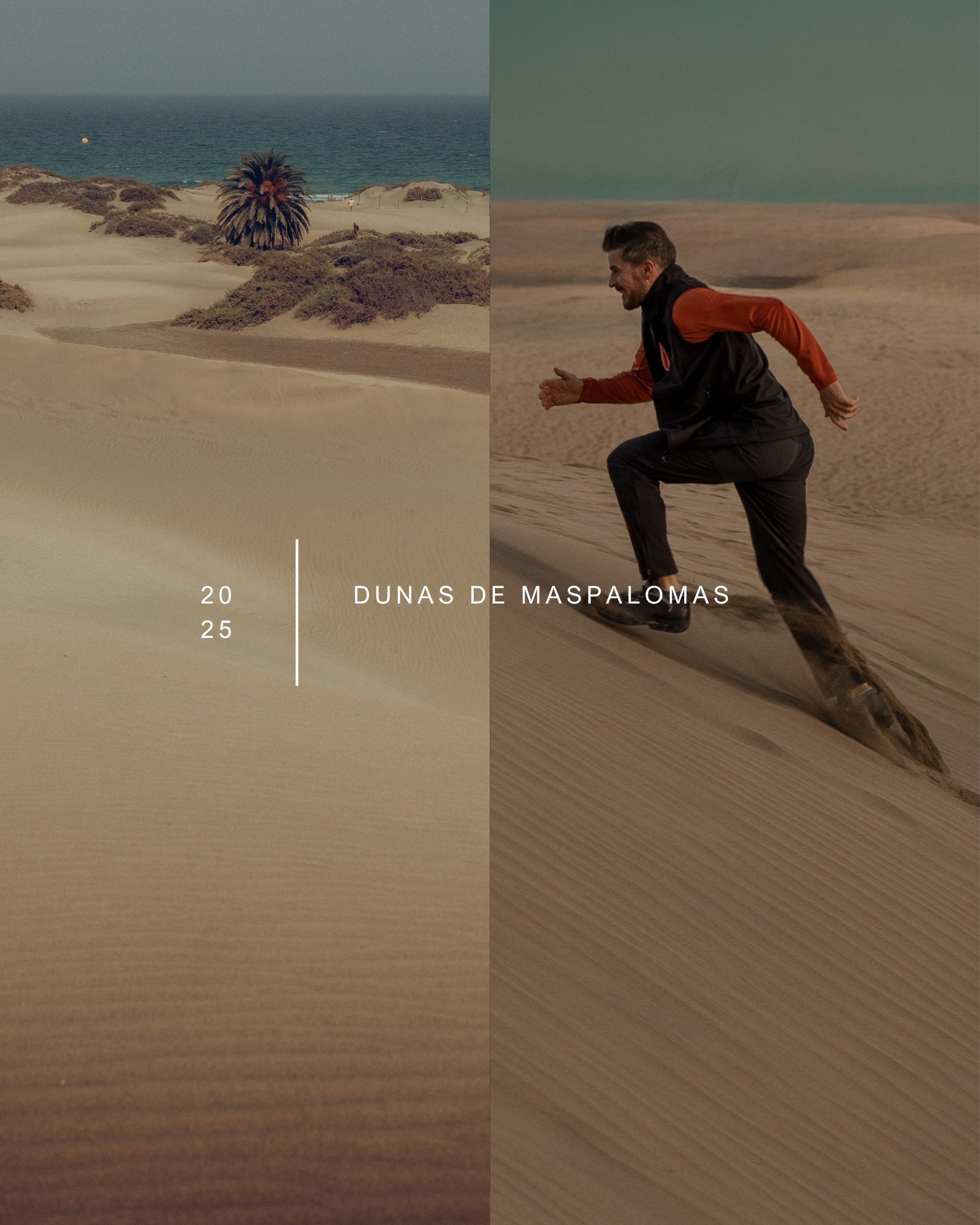 A split image showing a sandy desert landscape with dunes and sparse vegetation on the left, and a man running on a similar sandy surface in a desert or beach setting on the right.