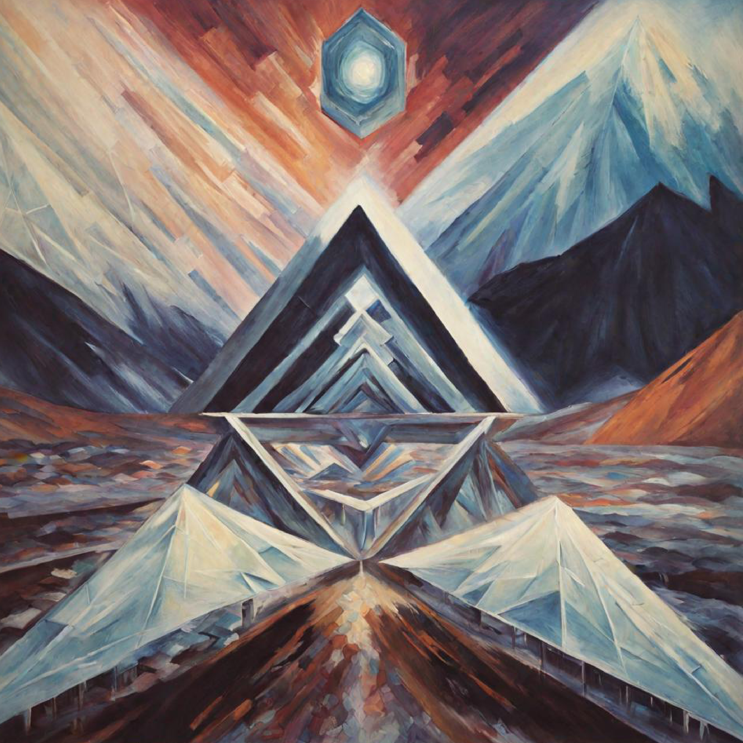 Abstract painting with geometric shapes including pyramids and overlapping triangles, mountains, and a glowing star or sun in the sky.