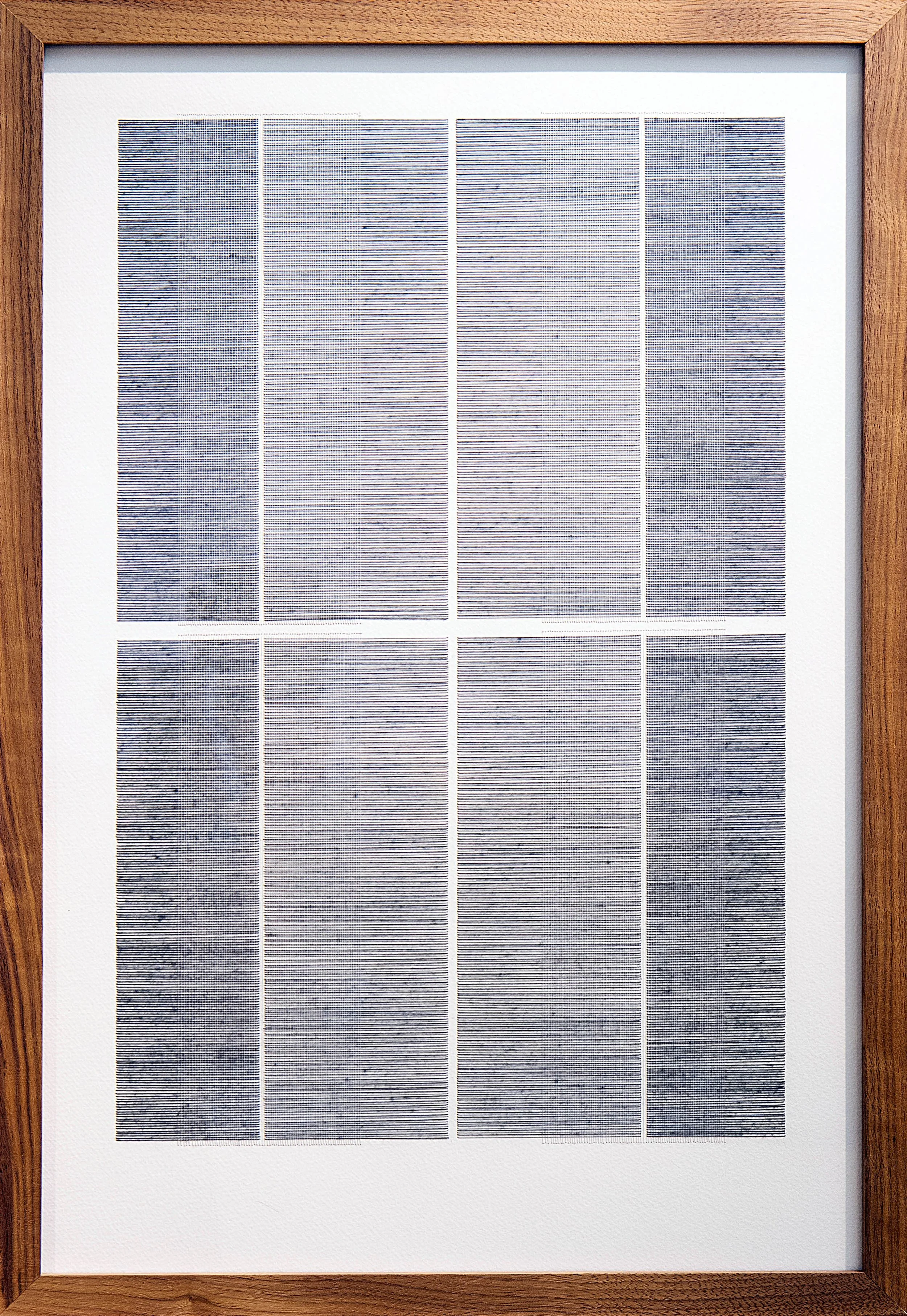 Blue Triptych by Rebecca Messier — Contemporary art featuring intricate blue stitched patterns arranged in columns and rows on paper.