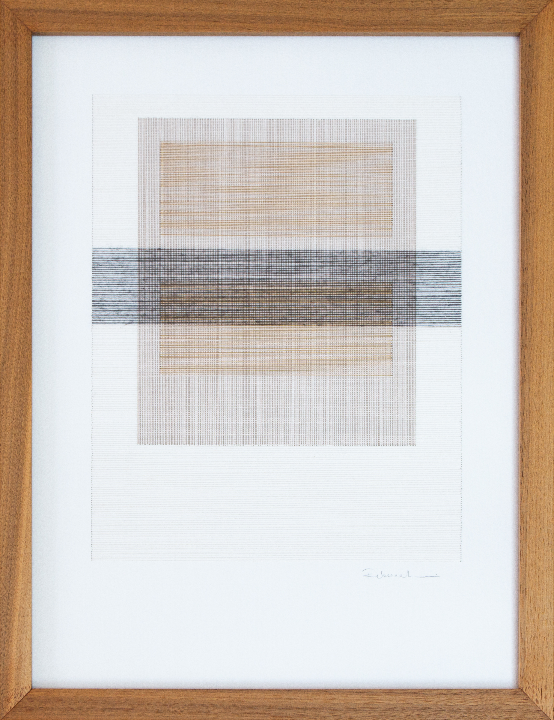 Byrdie by Rebecca Messier — An abstract artwork with horizontal and vertical lines in shades of beige, gray, and black, framed in walnut.