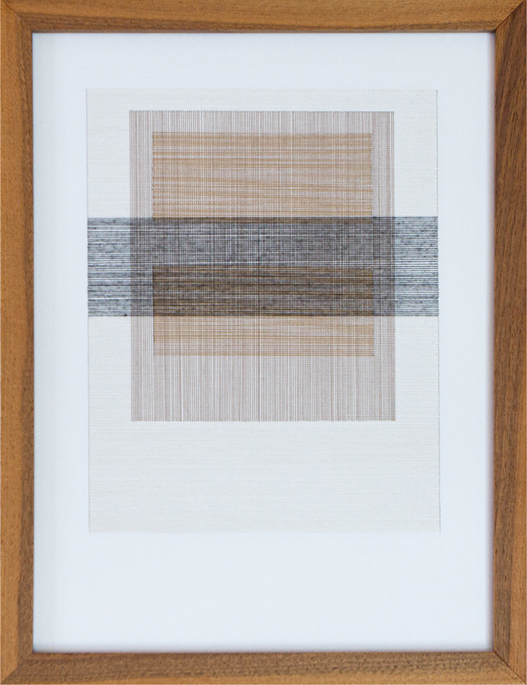 Byrdie by Rebecca Messier — An abstract artwork with intersecting horizontal and vertical lines in shades of beige, brown, black, and gray, framed in a walnut frame.